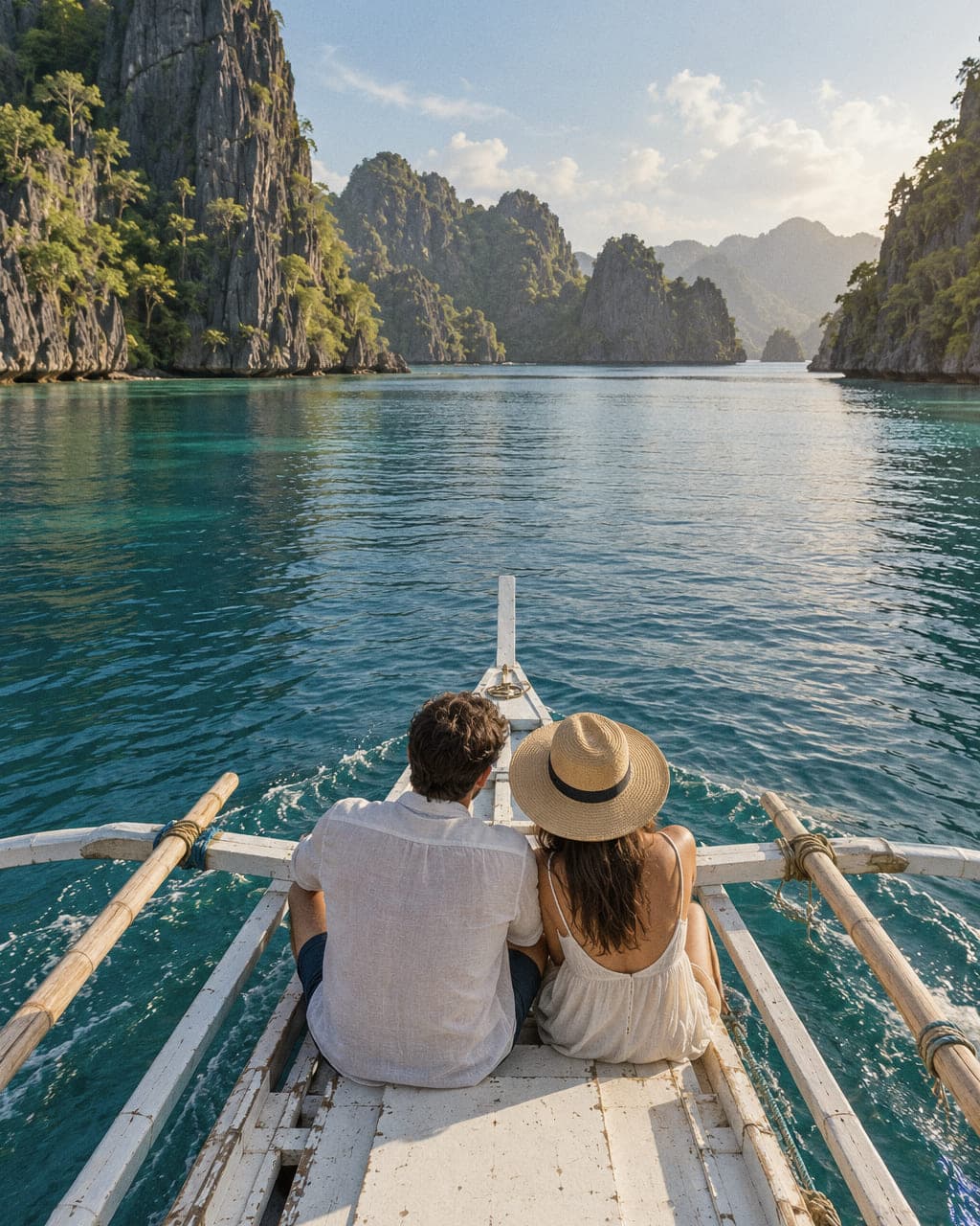 A couple sitting on the bow of a private banca heading toward Coron’s limestone islands