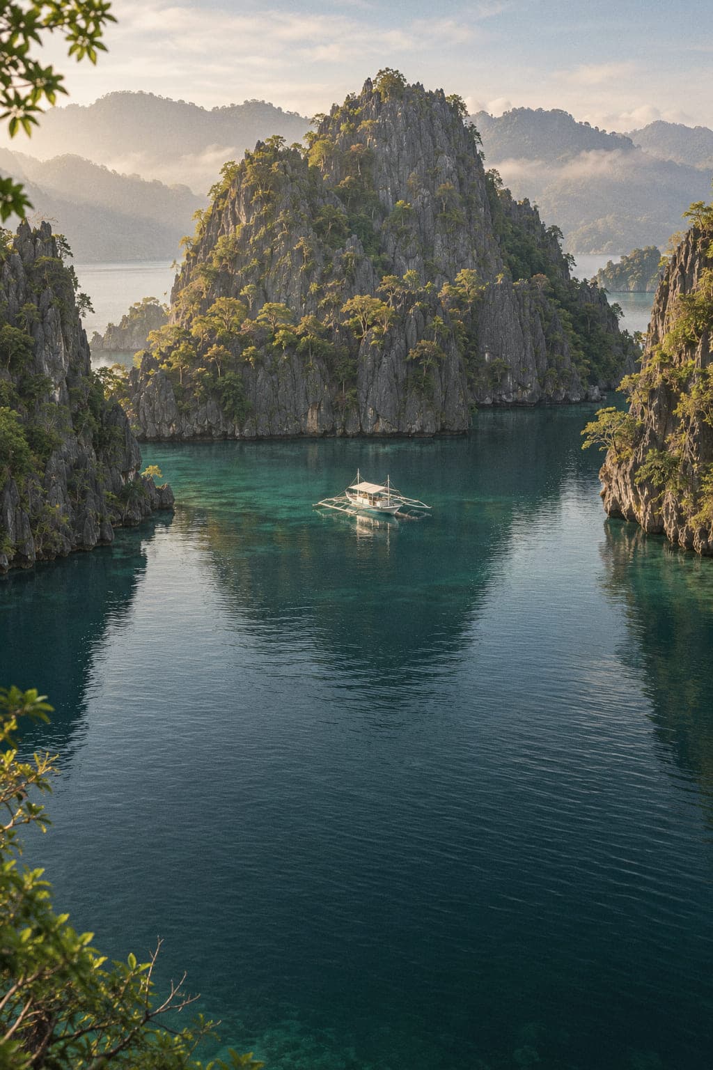 Morning view over the jagged limestone cove at Kayangan Lake, Coron, with a white banca moored in emerald water