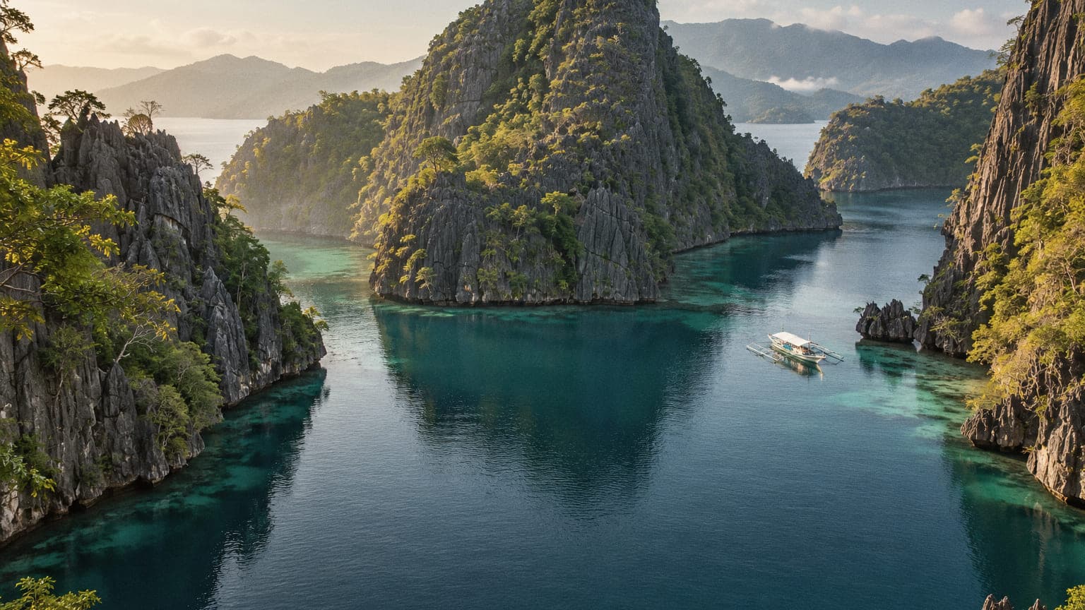 Morning view over the jagged limestone cove at Kayangan Lake, Coron, with a white banca moored in emerald water